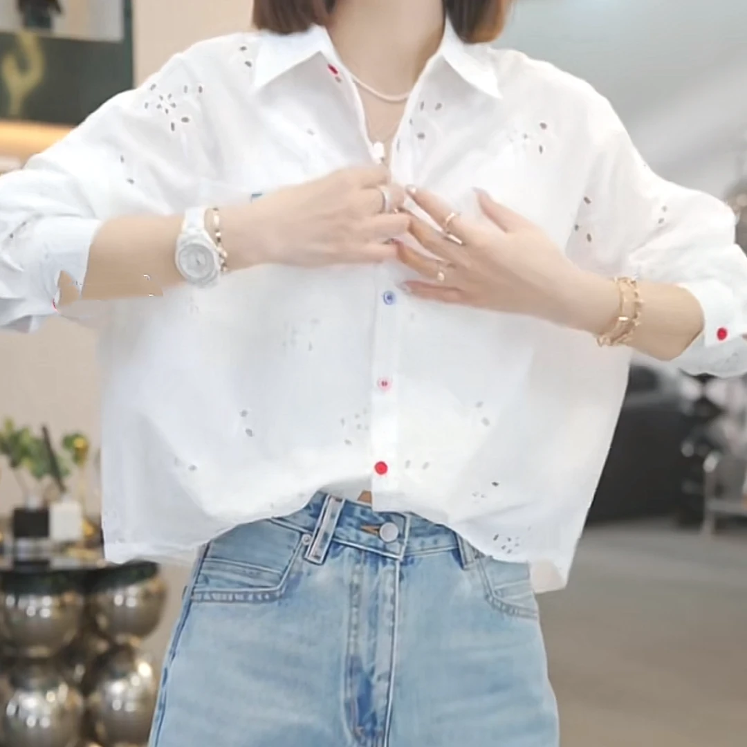 设计感白色蕾丝刺绣长袖衬衫女2025春季新款时尚休闲气质白色衬衣