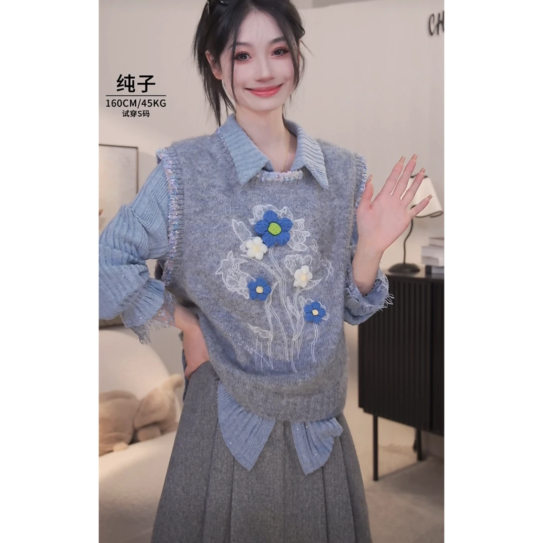 【慧姐】立体花朵叠穿针织马甲【13119】