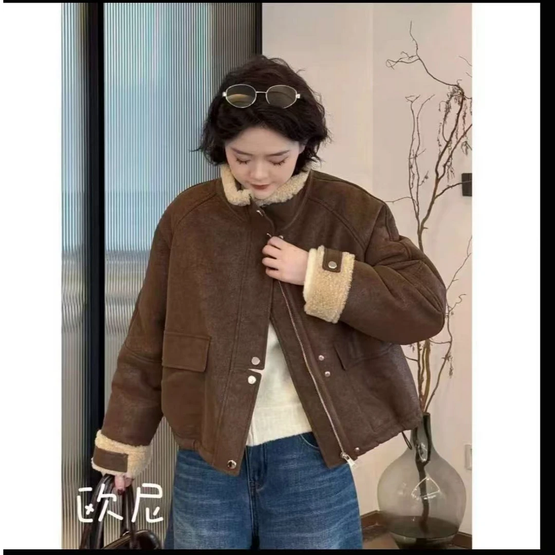 皮毛一体羊羔毛外套女2024新款冬季夹 克骑行机车服