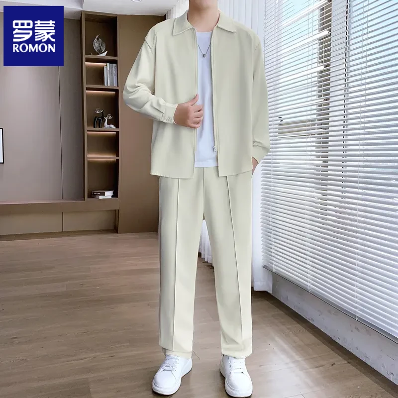 罗蒙垂坠感休闲运动套装男士长袖潮流高级感衬衫直筒西裤两件套