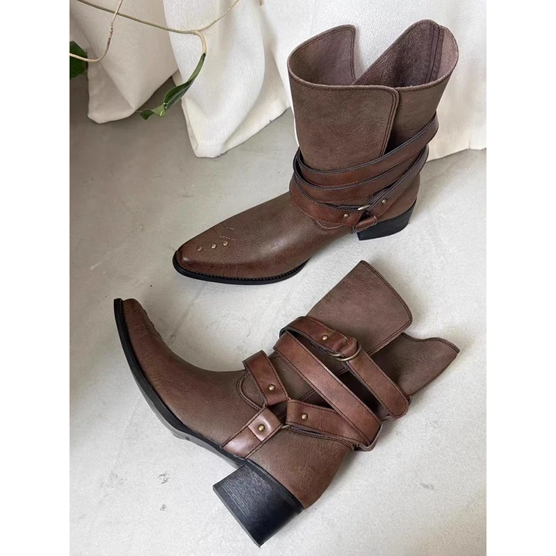 牛皮版~法式复古绑带西部牛仔靴新款百搭小众设计时装靴女骑士靴