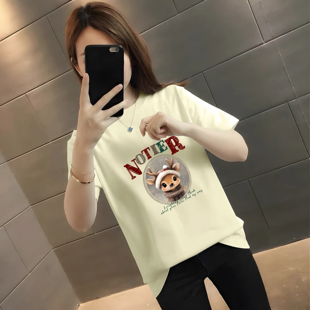 QUPENGME纯棉圆领宽松版2025年数码印花半袖女款休闲百搭女士t恤