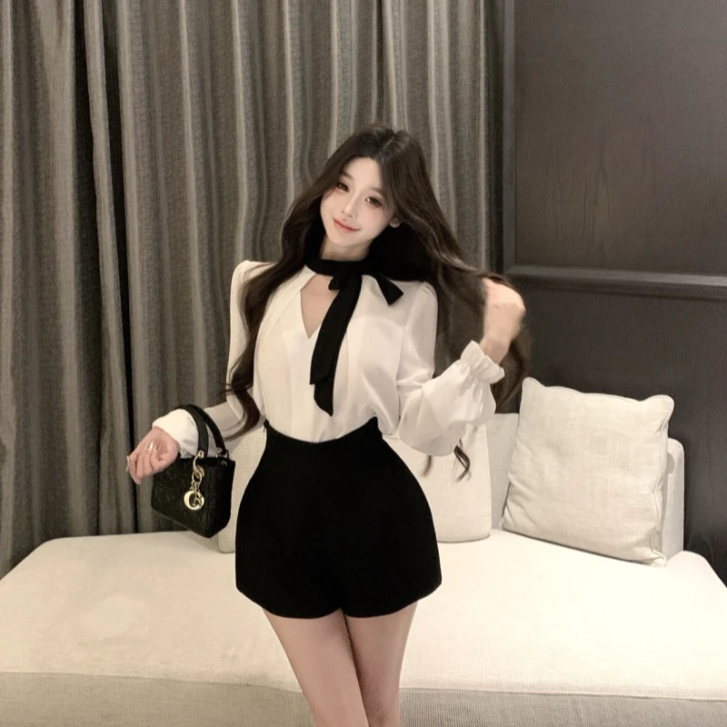 蝴蝶结绑带v领长袖雪纺衬衫女春季修身收腰衬衣chic撞色气质上衣