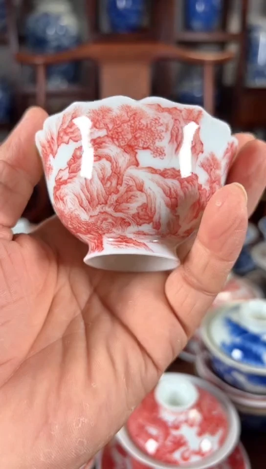 柴窑釉里红山水杯杯瑕疵落渣