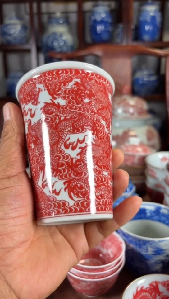 柴窑釉里红九龙可乐杯杯