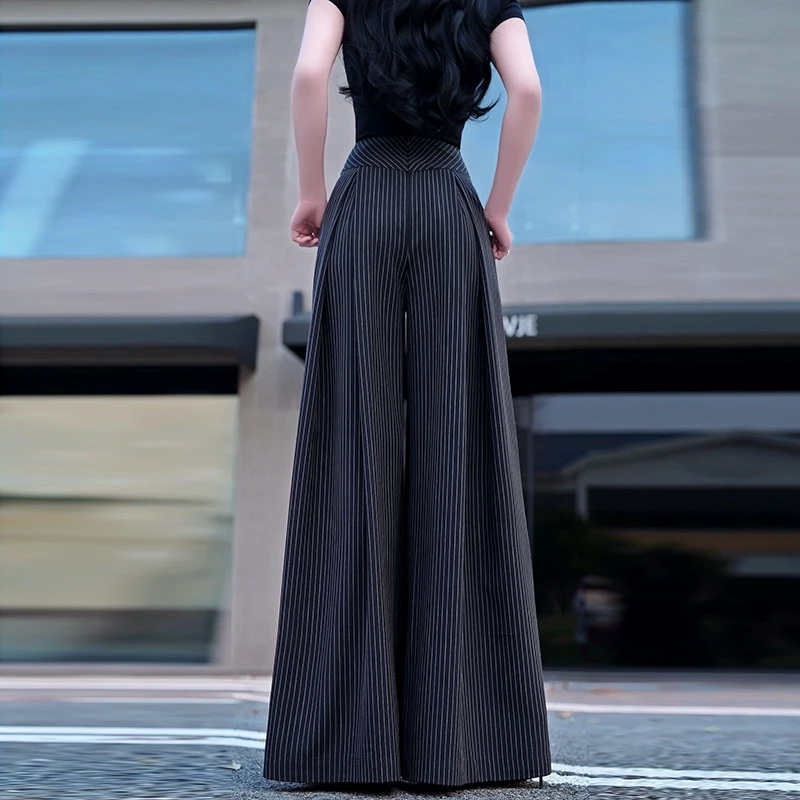 春夏季黑色条纹阔裤腿女2025新款时尚气质百搭垂感休闲长裤