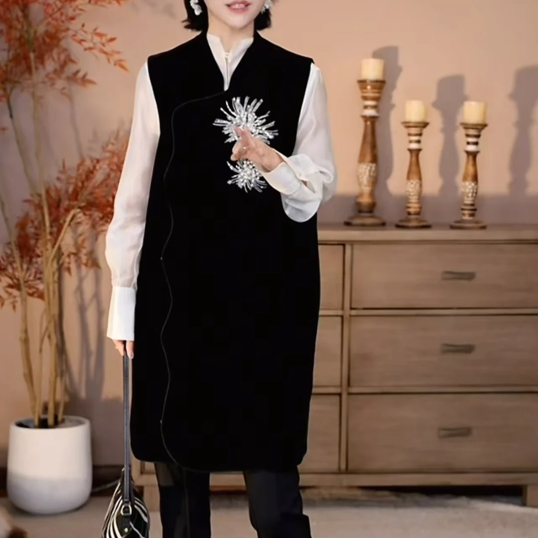 002408新中式国风上衣马甲气质轻奢女士无袖重工时尚百搭中长款