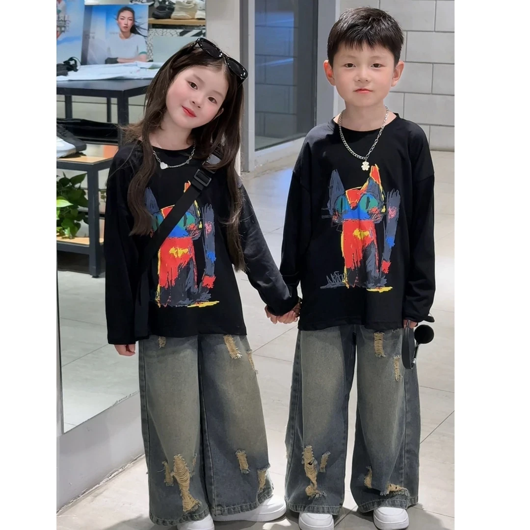 男女童炸街套装2025兄妹儿童洋气涂鸦印花短袖T恤破洞牛仔裤