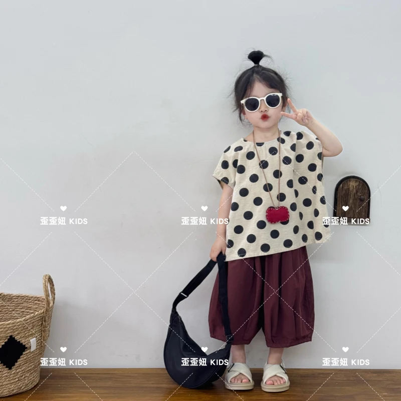 【歪歪妞童装】252527小童宝宝棉麻波点短袖T恤女童上衣夏季