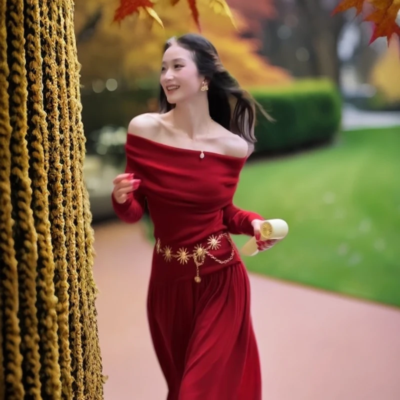 【维纳斯】2025秋季新款气质一字肩显瘦法式红色羊毛长款裙子套装