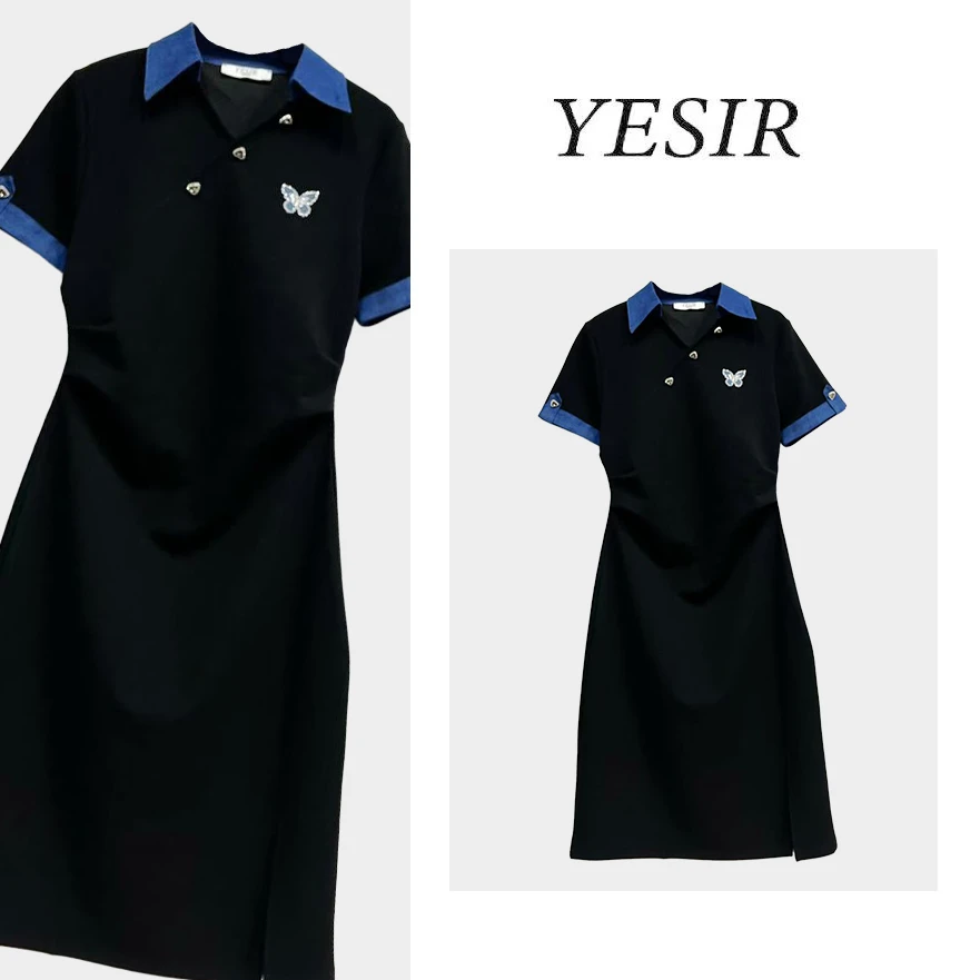 Q25068牛仔撞色POLO领收腰显瘦连衣裙