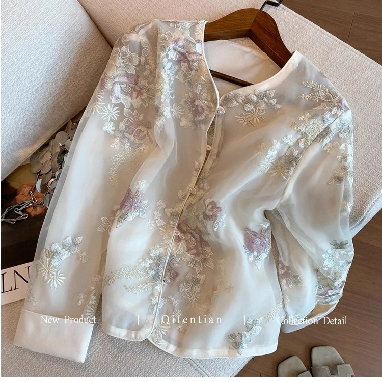 2025秋新款新中式重工衬衫欧根纱短外套女高级感气质薄款国风上衣