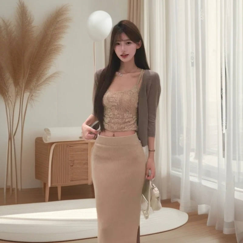 LINQI【韩系氛围】感早秋穿搭套装长袖针织开衫吊带上衣半身长裙子