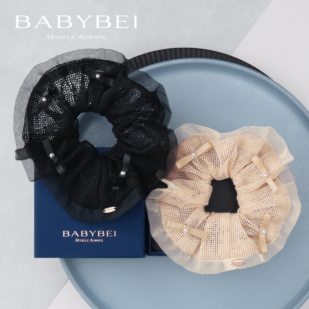 BABYBEI/初贝洞洞高亮珠大肠发圈拼纱边四珠优雅气质时尚甜美黑米