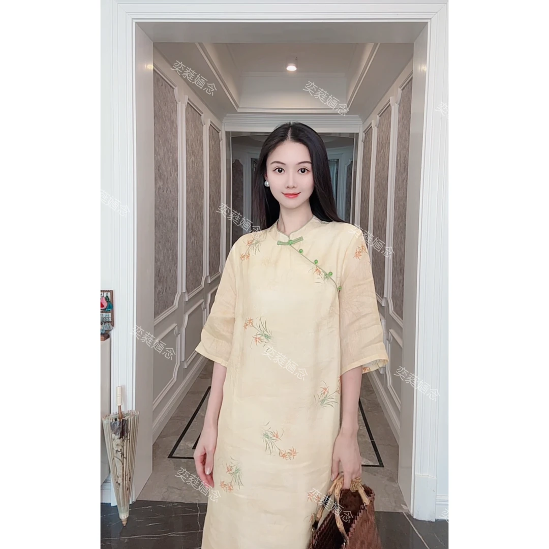 「奕念」《花映竹》100支纯苎麻旗袍连衣裙~原创国风夏季中袖款