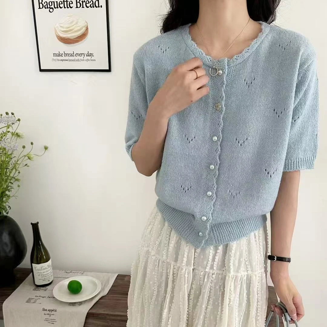 春季新款韩系甜美镂空花边针织开衫短袖女宽松显瘦上衣女装090