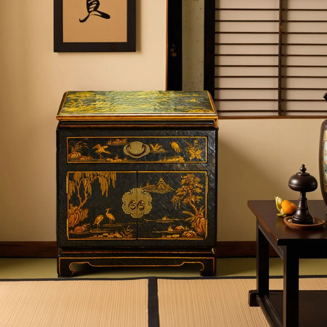 【三周年】YS170法式中国风黑布裂纹底手绘山水图玄关柜61*42*66cm