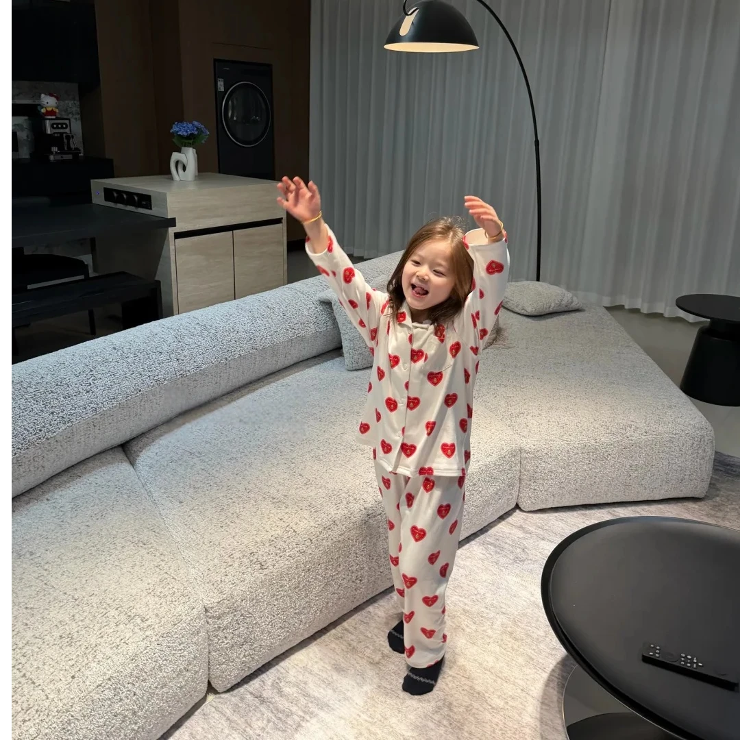 壹妈童装女童韩版秋冬款可爱心型白色睡衣套装时髦洋气居家服