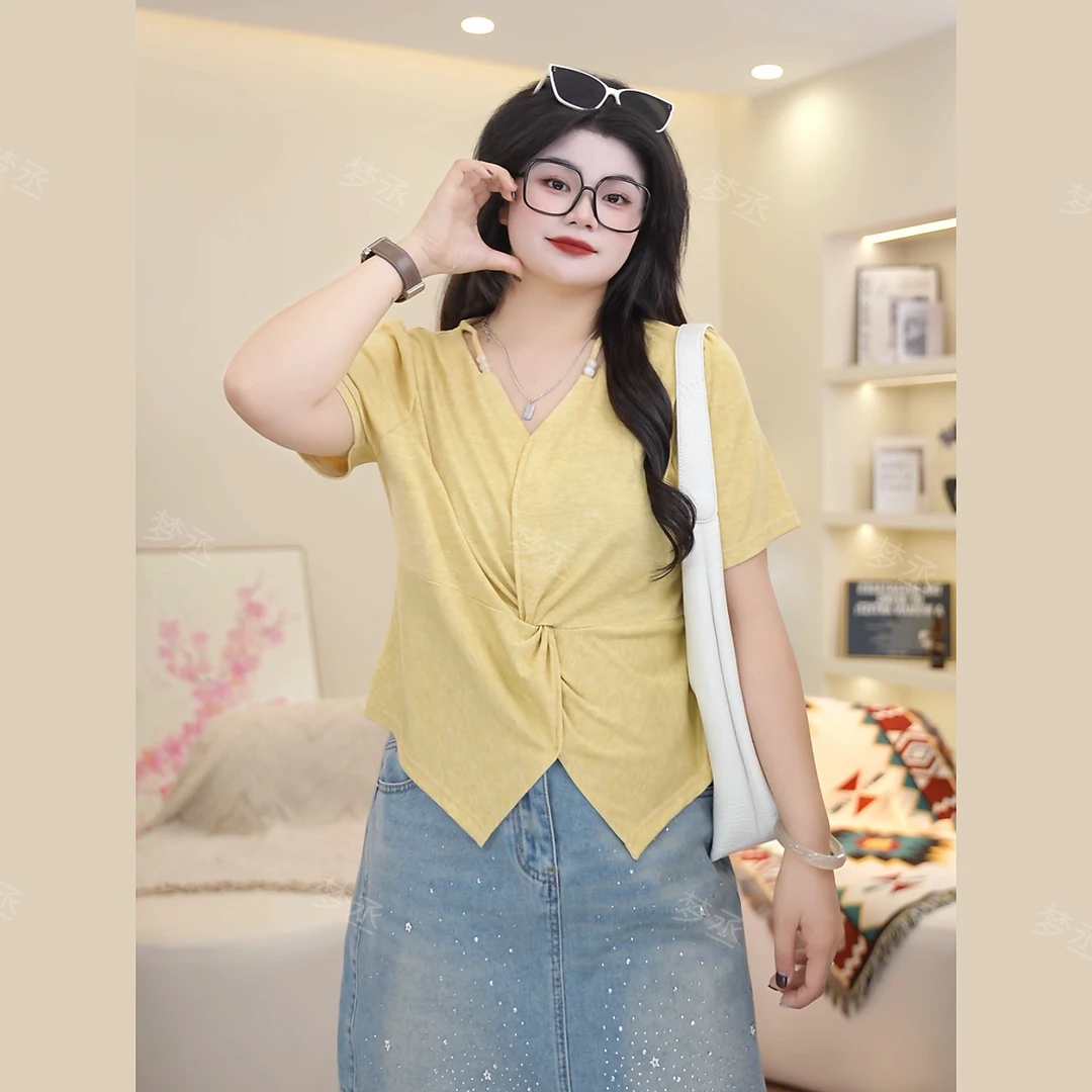 【法式浪漫】大码女装夏季高级感V领纯色气质显瘦百搭短袖T恤女