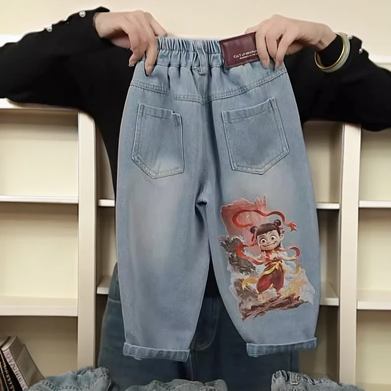 女童国潮动漫哪吒牛仔裤春季2025新款儿童宝宝洋气时髦印花阔腿裤