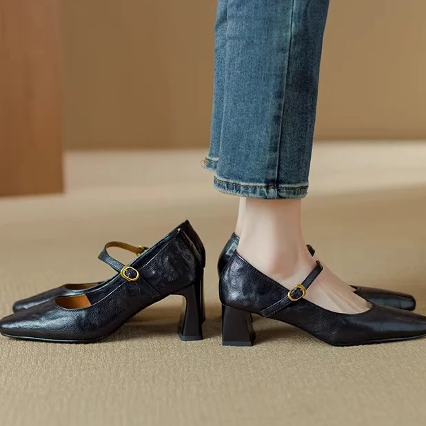 软羊皮黑色高跟鞋2025春秋新款法式复古粗跟一字带玛丽珍鞋女单鞋