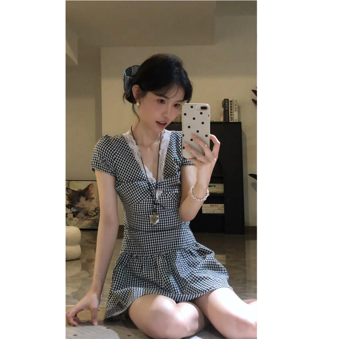 parkyeon复古黑白格子v领短袖连衣裙收腰显瘦蕾丝拼接百褶短裙