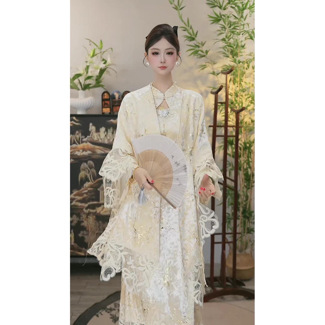 花享悦2025秋款新款中国风浅杏色复古套装（1898+1899）