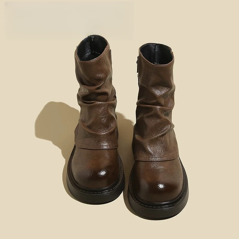 三福真皮美拉德棕色堆堆短靴女2025春秋季新款单靴裤管骑士马丁靴