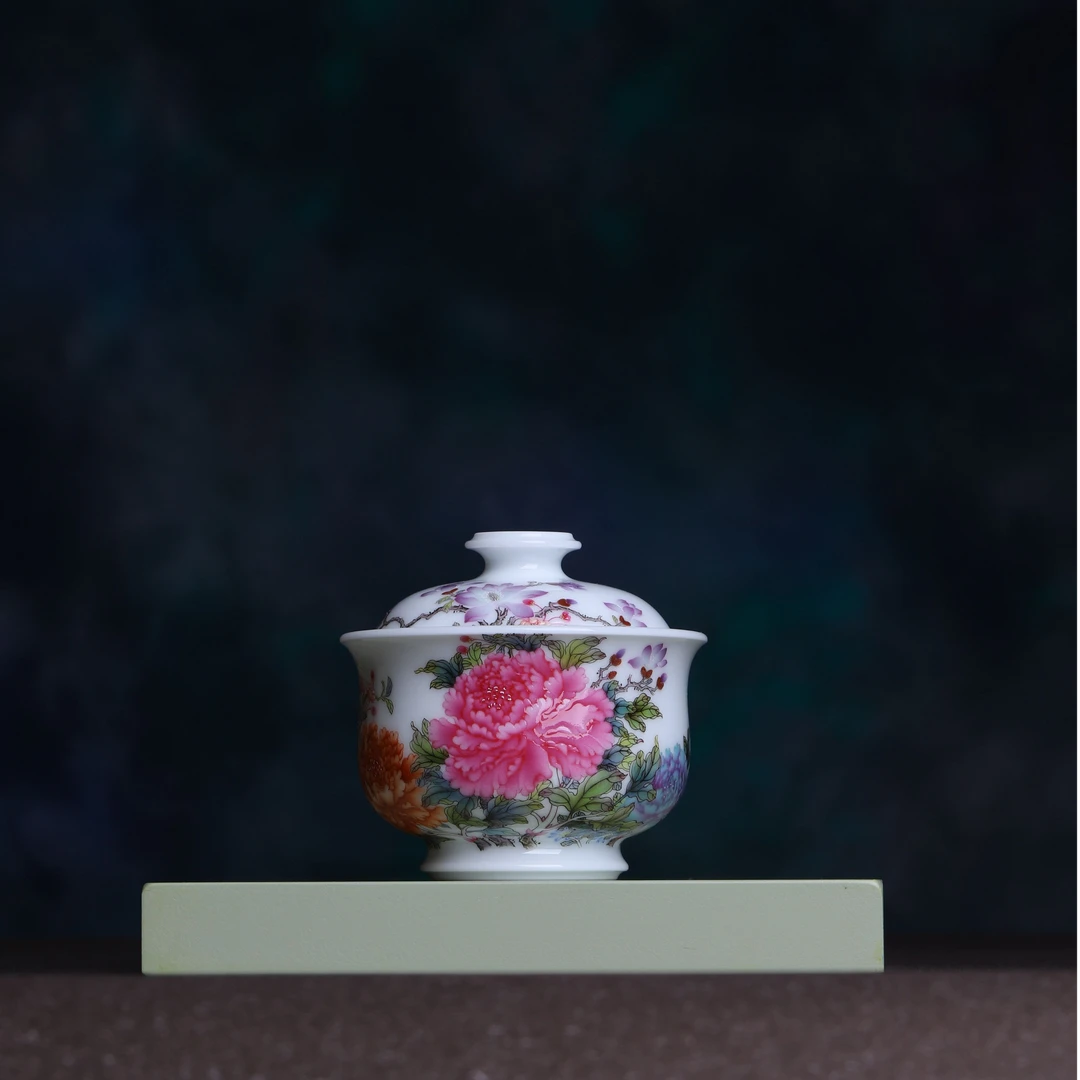 景德镇宝蕴阁 手绘珐琅彩瓷器 玉堂富贵布袋盖碗 120毫升