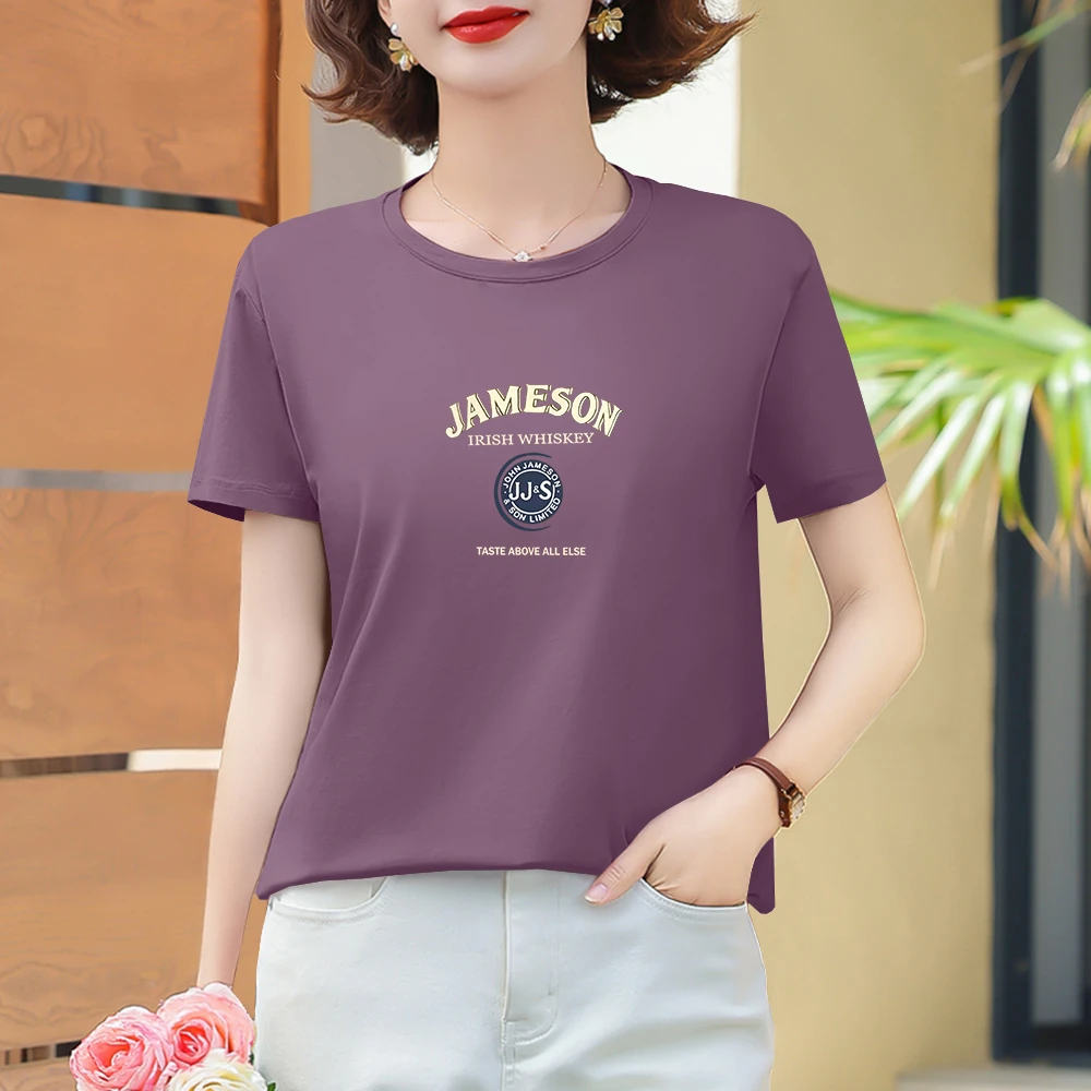 夏季宽松圆领印花洋气女士上衣2025新款大码休闲时尚潮流短袖t恤