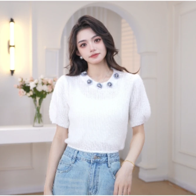 Basic House/百家好HS新款气质时尚休闲设计感百搭针织衫夏季短袖