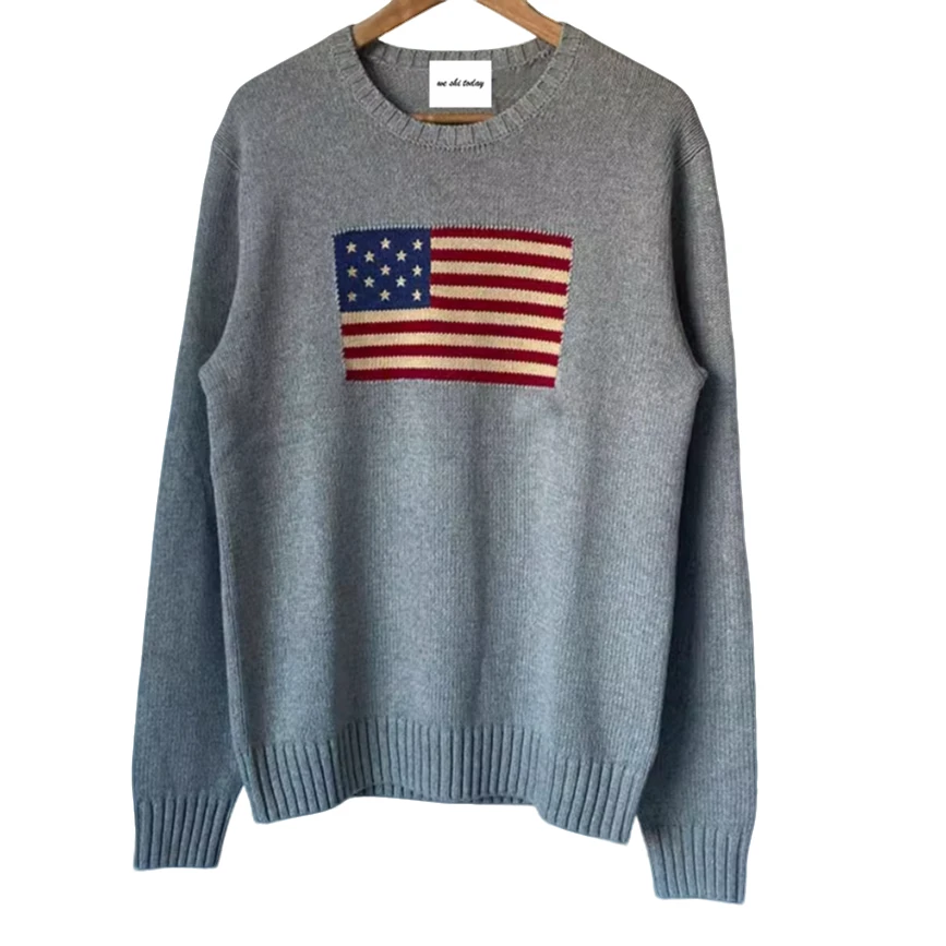 R 老钱风 男女款 毛衣圆领星星旗同款宽松套头纯棉针织衫上衣 原