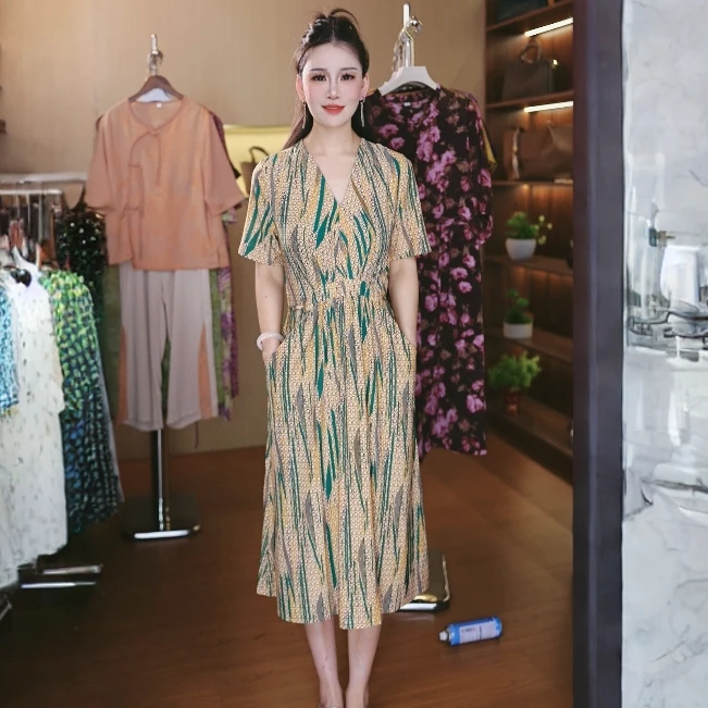 10729-洋气休闲风妈妈装夏季印花收腰显瘦中长款连衣裙【A34-3-3 】