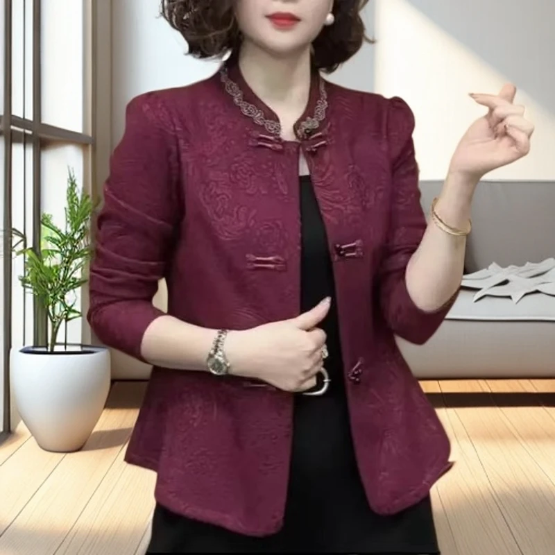 立领长袖显瘦时尚百搭减龄女士洋气上衣新款烫钻气质盘扣外套复古