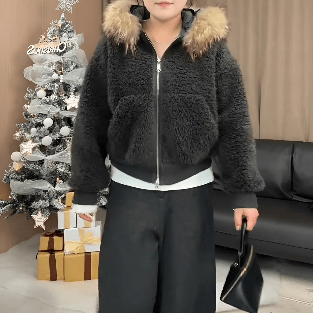 慵懒风连帽毛毛外套女冬季新款时髦宽松休闲加厚保暖拉链夹克上衣