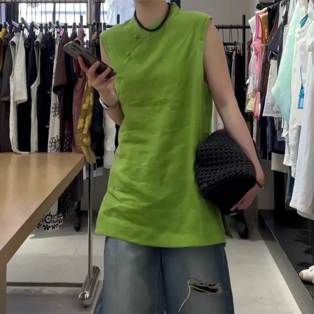 无袖常规款圆领薄款拼接衬衫宽松网红气质开叉C5328