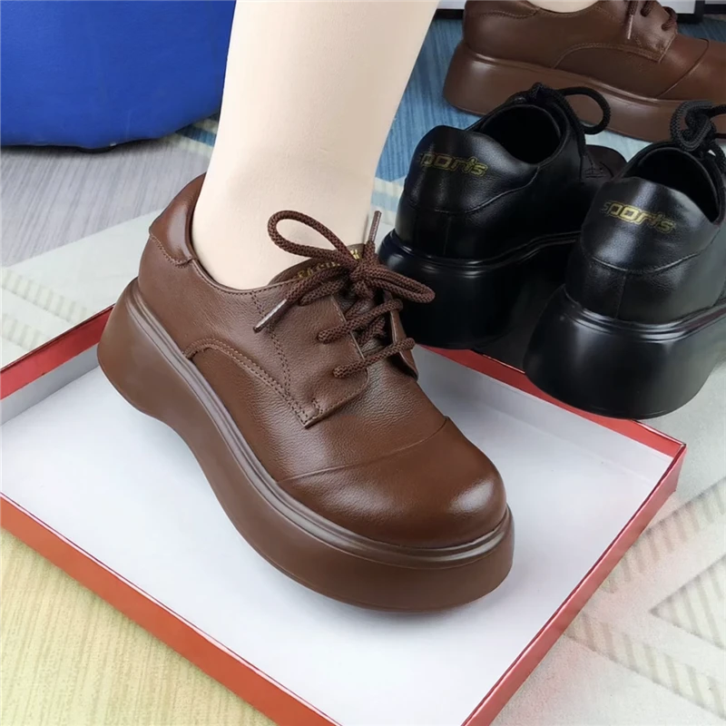 单鞋女真皮圆头厚底深口系带皮鞋女复古休闲鞋百搭软皮软底妈妈鞋