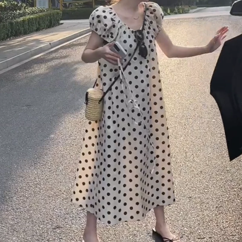 泡泡袖时尚气质百搭波点复古时尚连衣裙赫本风法式女夏宽松波点裙