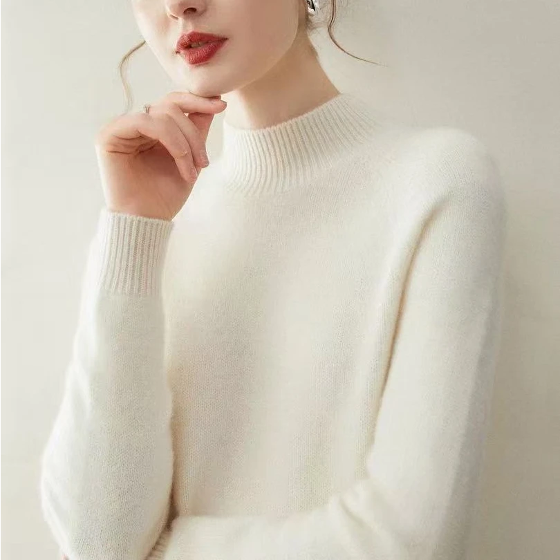 半高领套衫正常厚度针织休闲羊毛衫纯色山羊绒拉绒{不可机洗}