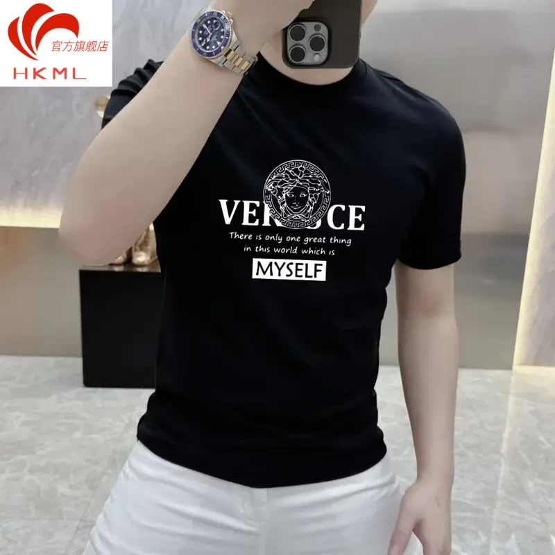 潮牌新款纯棉短袖T恤男士微修身休闲时尚半截袖圆领潮流印花上衣