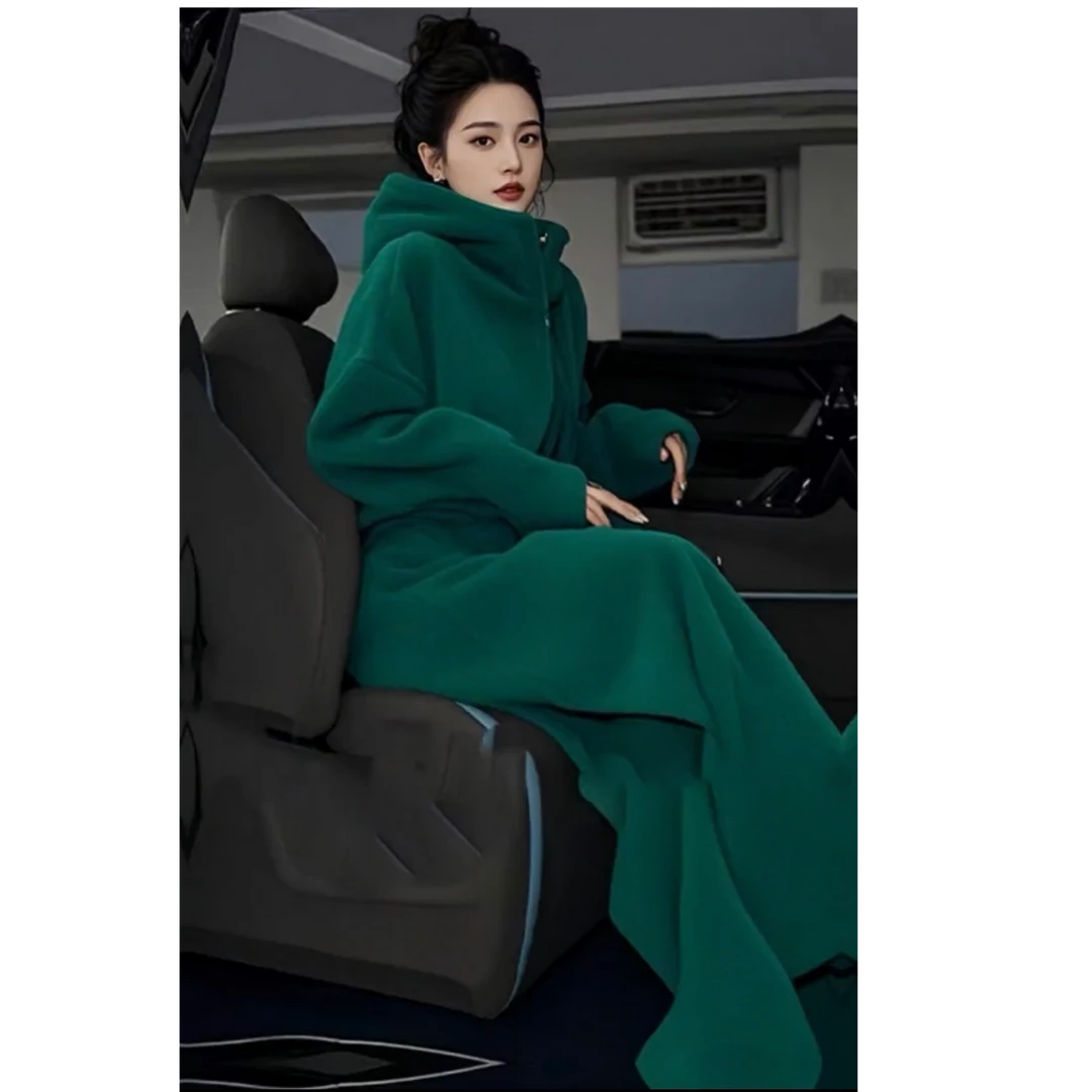 2025新款高级感加绒款连帽外套阔腿裤套装小香风休闲绿色洋气时尚