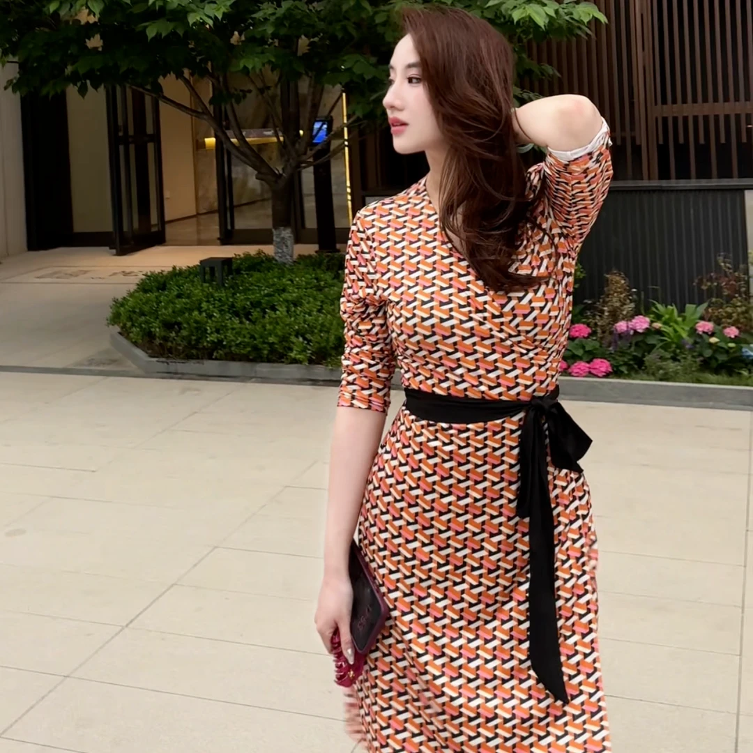 Rose Ono夏季撞色印花气质显瘦一片式水晶麻系带复古七分袖连衣裙