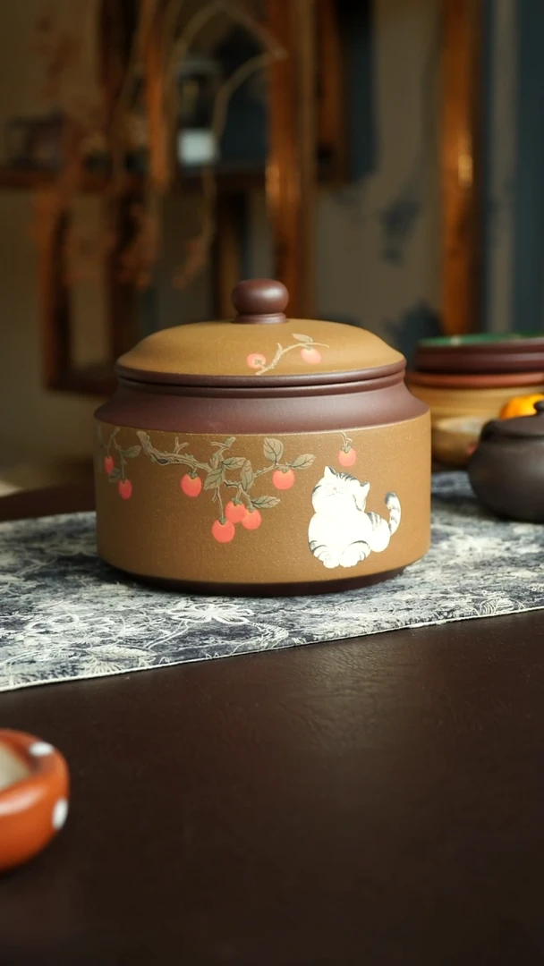 茶杯紫砂92号 柿子猫咪茶叶罐 宜兴紫砂原矿作品