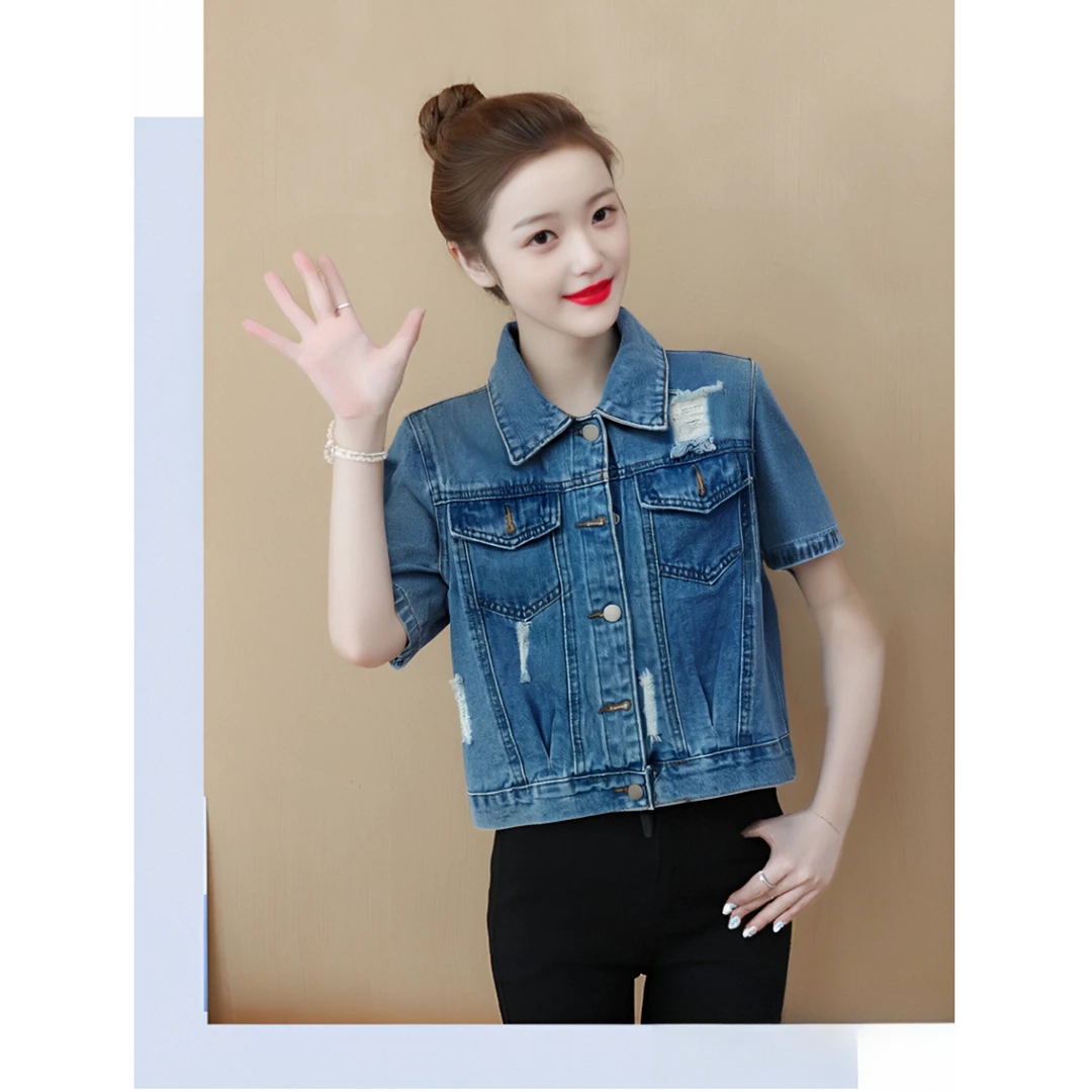 E928#短款牛仔外套女夏季宽松显瘦设计感小众bf风百搭休闲上衣