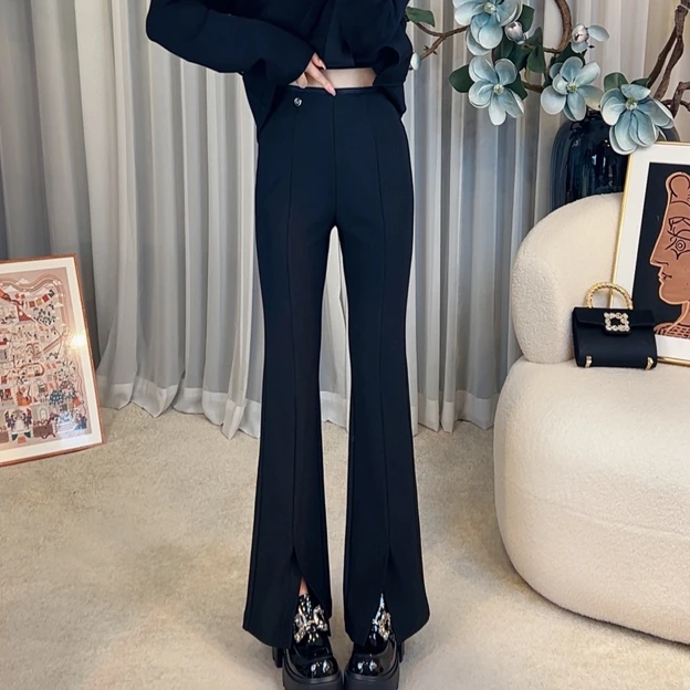 首秀【超模神裤】黑色时尚时装女孩喇叭裤微喇高腰阔腿裤开叉裤1322