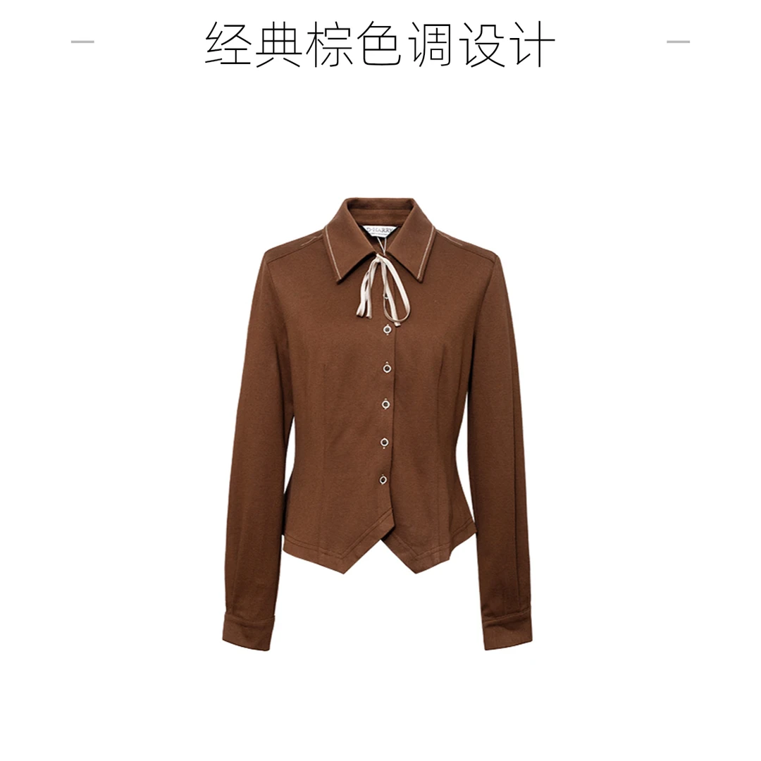 D-HARRY/迪哈利2023冬新款复古咖啡撞色领结长袖衬衫DH234D96802D