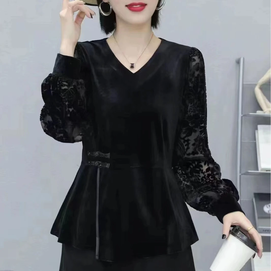 1220新款女装金丝绒长袖上衣休闲百搭显瘦打底衫