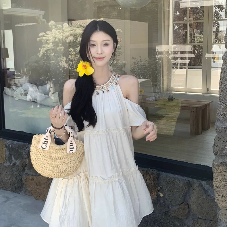 夏季新款甜美挂脖露肩连衣裙2207