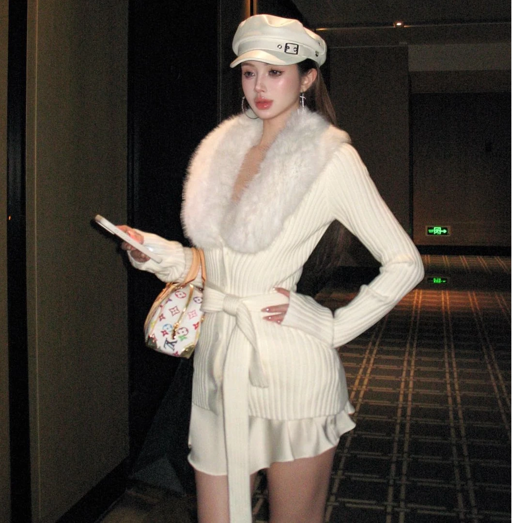 白色套装女毛领针织开衫上衣辣妹短裙两件套气质显瘦性感外穿洋气