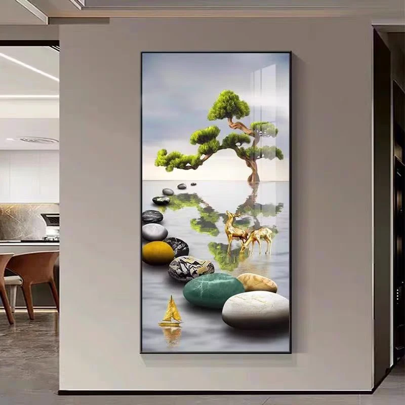 玄关装饰画走廊过道挂画迎客松福鹿石来运转寓意晶瓷玄关画